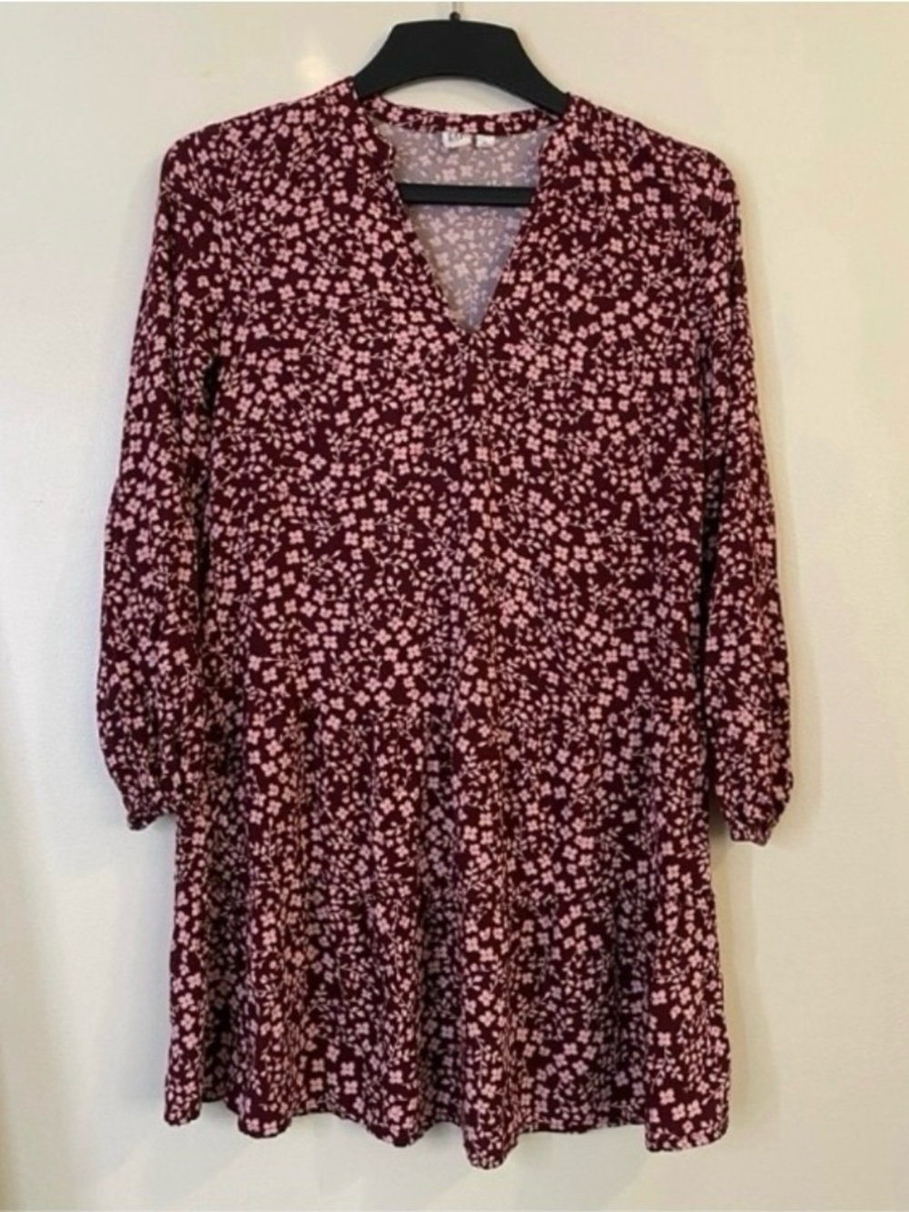 GAP Burgundy Pink Autumn Ditsy Floral V-Neck mini Dress long sleeve